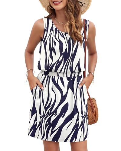 Image of AUSELILY Women Summer Dress 2025 Casual Sleeveless Sundress Crew Neck Beach Short Dresses with Pockets