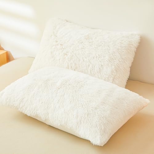 ERLOXO Furry Beige Pillow Cases, Ultra Soft Fuzzy Fluffy Beige Pillow Covers with Plush Texture and Shaggy Touch, Faux Fur Cushion Shams 20"x26" Zippered, Set of 2