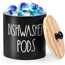 Round Dishwasher Pods Container, Wood Dishwasher Pod Holder with Lid for Kitchen Decor, Laundry Pod Container for Laundry Detergent Storage Black