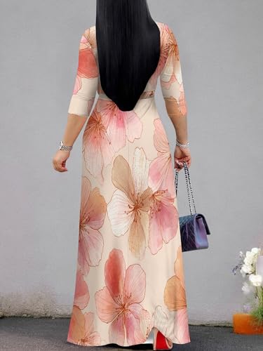 Image of Plus Size Dresses for Women Floral Print Maxi Dress Flowy 3 /4 Sleeve with Belt
