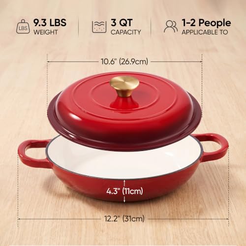 Image of Dutch Oven Enameled Cast Iron with Lid - Big Dual Handles - Oven Safe up to 500F - Classic Round Pot for Versatile Cooking 3 QT Shallow Pot Red