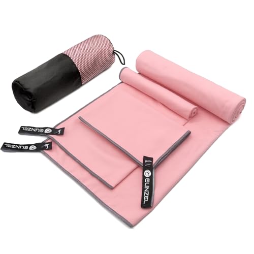 Eunzel Quick Dry Camping Towel, Microfiber Travel Towel 3 Size at 1 Pack,Fast Drying Towel Set for Camping, Beach, Gym, Sports, Yoga & Swimming Pool, Pink