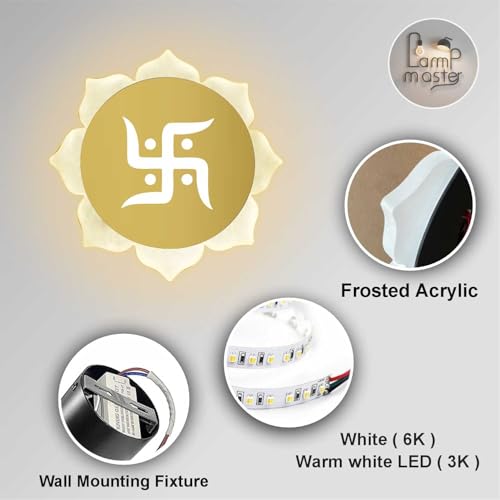 Image of Metal, Acrylic Flower - Shaped Swastik Wall Light, Dual L.E.D. Light (White & Warm White),Decorative Light for Home Decor,Ideal for Pooja Room, Bedroom, Living Room, Temple, Home & Office