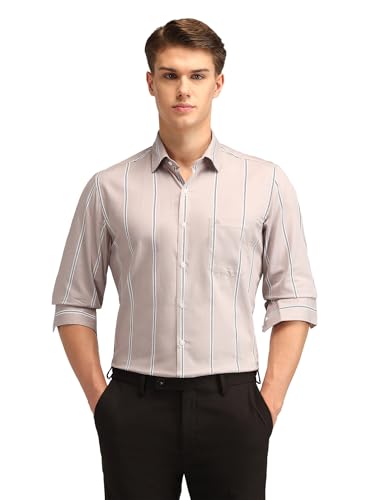 Image of Arrow Men's Striped Full Sleeves Slim Fit Semi-Cutaway Collar Cotton Formal Shirt Light Brown