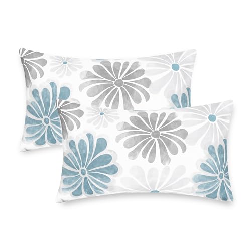 CaliTime Throw Pillow Covers Decorative 12 X 20 Inches Pack of 2 Cozy Fleece Two-Tone Blooming Flowers Decorative Cushion Cases for Couch Bed Sofa Farmhouse Decoration Smoke Blue Grey