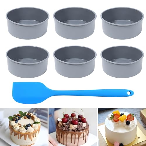 4 Inch Silicone Cake Tins for Baking, 6 Pack Small Round Baking Moulds Silicone Muffin Baking Tray With Scraper, Nonstick & Quick Release 10 cm Cupcake Baking Pan for Muffin, Mousse Bread (Grey)