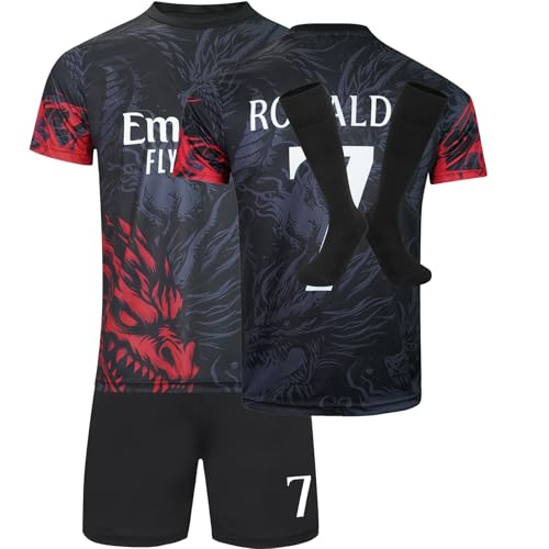 RAWDEM Ronaldo #7 Dragon Special Limited Edition Football Soccer Jersey/Shorts Socks Gift Set for Children Youth Sizes (Black 30)