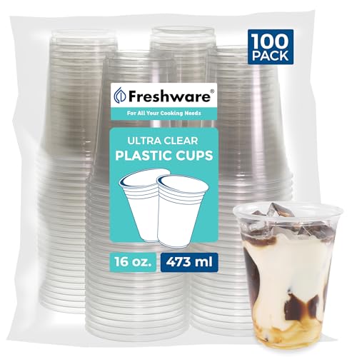 Image of Freshware Clear, Heavy-Duty 16 oz Disposable Plastic Cups, BPA Free (100 Pieces)