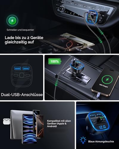 LENCENT Bluetooth FM Transmitter Auto, Musik Adapter für Auto Radio, KFZ Bluetooth...