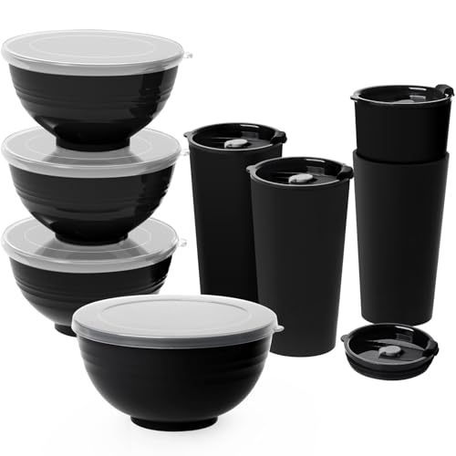 Greentainer Unbreakable Dinnerware Set with Lids, Plastic Lightweight Tableware with 4 Bowls, 4 Cups - Dishwasher & Microwave Safe, Camping Tableware, Service for 4(Black)