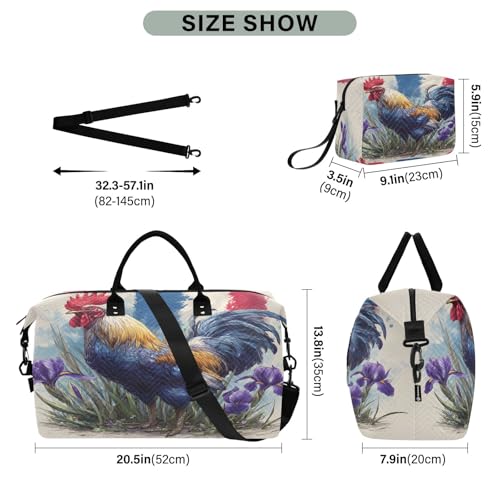 Weekender Bags Travel Duffel Gym Bag Flag Chicken Flower Carry on Overnight Tote Bag with Toiletry Bag for Airplane Travel Trip Gym Yoga3