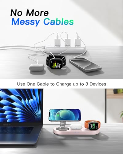 Image of Upgraded 3 in 1 Wireless Charging Station for Apple Devices, Faster Mag-Safe Charger Stand, Magnetic Charger Station for iPhone 16 /15 /14 /13 /12 Series & AirPods Pro & Apple Watch Series (Pink)