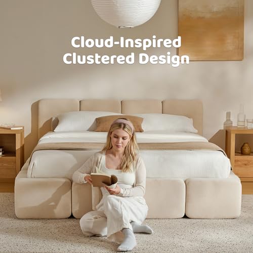 Image of RECCI Cloud King Upholstered Platform Bed Frame, Low Profile Grounded Design with Plush Headboard & Footboard, Wood Slat Support, Noise-Free, No Box Spring Required, Beige