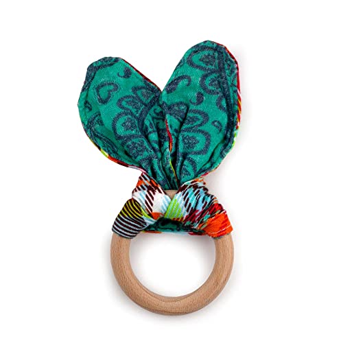 Image of Kanga Care Baby Soft Muslin Sensory Crinkle Bunny Ear Wood Teething Ring - Quinn Plaid