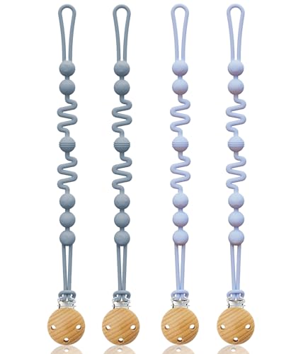 Image of Eshome Pacifier Clip, Stroller Accessories with One-Piece Design, Silicone Pacifier Holder Clip for Boys and Girls, Baby Newborn Essentials Binky Clips for Baby Soft Flexible(Grey*2 & Blue*2)