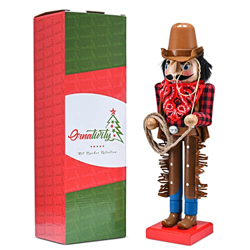 Ornativity Christmas Western Cowboy Nutcracker – Brown and Red Wooden Nutcrackers Cow Boy with a Rope and Lasso Xmas Themed Holiday Nut Cracker Doll Figure Decorations 14"