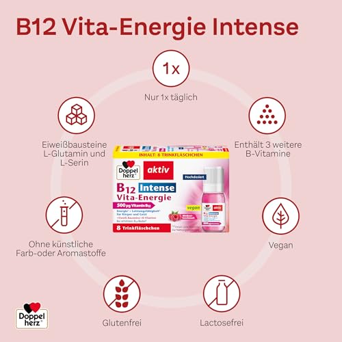 Doppelherz B12 Intense Vita-Energie - hochdosiert mit 500 µg Vitamin B12 pro Trinkfläschchen - 8 Ampullen - vegan
