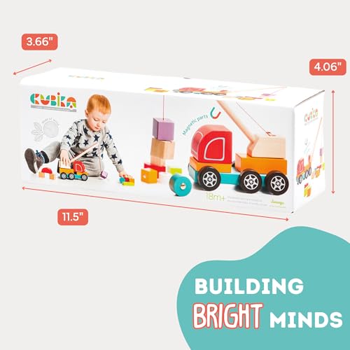 Image of CUBIKA Wooden Crane Truck - Magnetic Construction Vehicle Playset for Toddlers Ages 18 Months+ - Montessori Toy for Fine Motor Skills, Creativity, and Imaginative Play