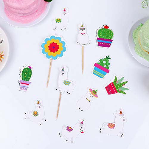 24 peças de topos de bolo de papel com tema de alpaca design de cacto, palitos de cupcake, festa de