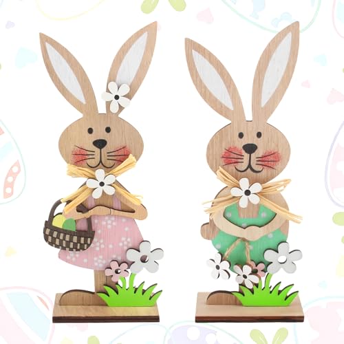 Sunyunze 2 Pièces Décoration Pâques à Poser Lapin de Paques Decoration pour Debout Lapins Décoratifs en Bois pour Deco Table Paques Jardin Maison Plein...