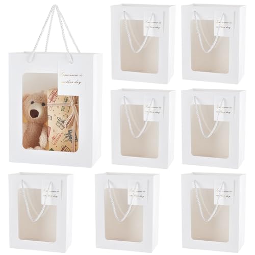 BENECREAT 30 Pcs Sacs Cadeaux Transparents Blancs avec Fenêtre, Sacs Cadeaux en Papier, Sacs en Papier Cadeau pour Bonbons avec Poignée à Cordon pour le Mariage, Emballage Cadeau, 18x14x25cm