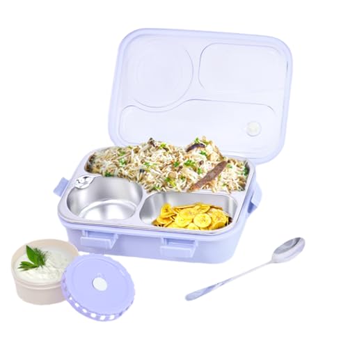 Image of ATTRO Lunch Pro Deluxe 3 Lunch Box with Detachable Inner Steel Compartments, Spoon, one Small Container, Heating Water Insulation Design, Foodgrade, Leakproof -750ml Purple