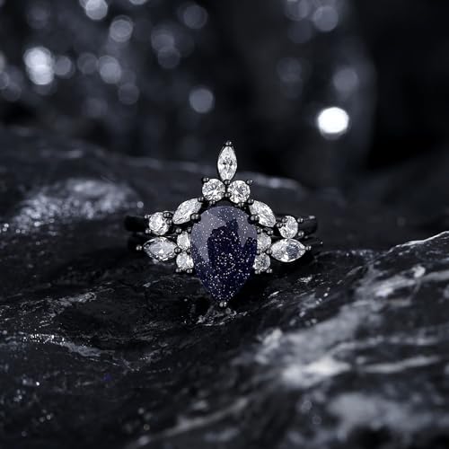 Elegant Blue Sandstone Women's Wedding & Engagement Ring Set with Custom Engraving Options4