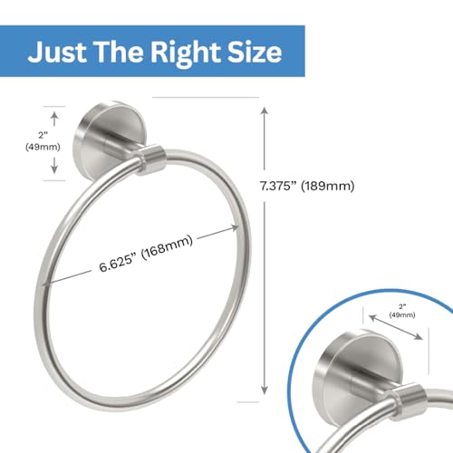 Image of Gatco 5562 Sky Towel Ring | Modern Hand Towel Holder for Bathroom | Stylish Decorative Hardware, Heavy Duty Metal, EZ Ancor Mounting | Satin Nickel