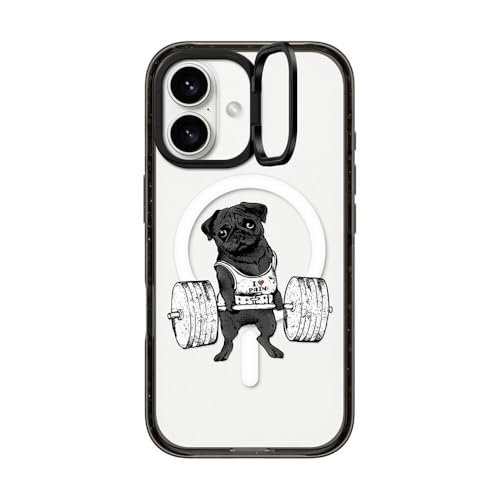 CASETiFY �C���p�N�g �����O�X�^���h MagSafe�Ή� iPhone 16�P�[�X [�L�b�N�X�^���h / 2m����̗����������N���A (MIL�K�i3�{����) / ���C�����X�[�d�����Magsafe�Ή�] - Black Pug Lift - �N���A