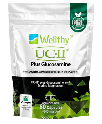 Colágeno, Wellthy UC-II 60 Cápsulas Colágeno Tipo 2 Sin Desnaturalizar Suizo, Glucosamina y Magnesio Marino SIMAG. Solo 1 Cápsula al Día, VCaps Cápsulas Veganas,...