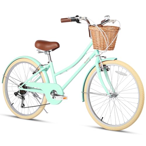 Glerc 24\" Mädchen Cruiser Bike 6-Gang Cruiser Women\'s Hybird Fahrrad für Alter 7 8 9 10 11 Jahre alt mit Weidenkorb. Leichter Rahmen und Gabel, Mintgrün