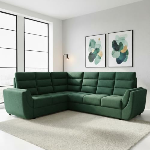 Image of APRODZ Wooden Sofa Set 6 Seater for Living Room, Solid Wood L Shape Sectional Sofa with Velvet Fabric Upholstery, Cushioned Seating for Home, Office & Lounge, Green