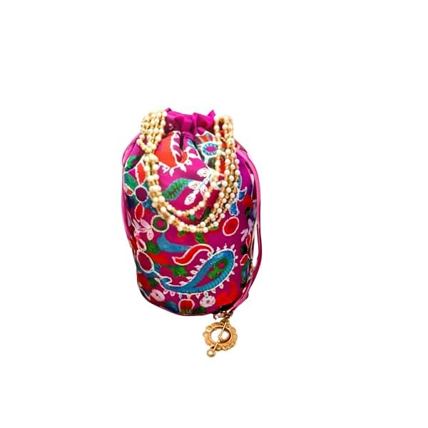 Rhaa Craft Bridal Potli | Paisley Embroidered Purse with Handle for Women, Girls, Teens | Ladies Purse Handbag | Royal Clutch Silk Batwa Bag | Pink Potli
