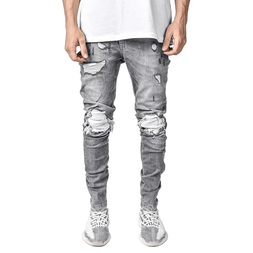 Mens Slim Fit Stretch Jeans Ripped Punk Skinny Jeans Fashion Tapered Leg Moto Biker Denim Pants