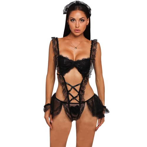 ROSVAY Lingerie Robe Cosplay Femme de Ménage en Dentelle, Costume Sexy Maid Transparent, Nuisette Soubrette Coquine Dos Nu, Uniforme Chambre Hot Déguisement Tulle Jupe Halloween (Noir), Taille unique
