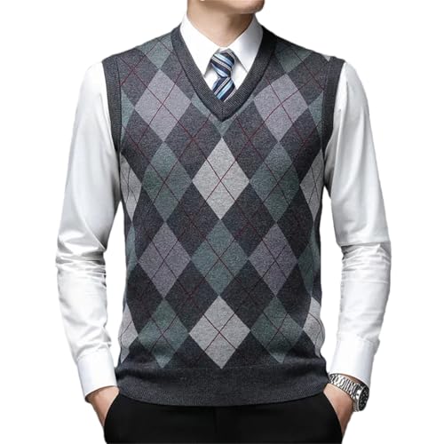 Men's V-Neck Diamond Lattice Wool Vest for Business and Casual Wear Standard Thickness Argyle Pattern