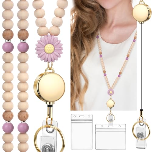 YAVVOZH Teacher Lanyard with Id Holder, Retractable Lanyards for Id Badges Keys, Cute Natural Wooden Beaded Lanyard for Women, Light Purple by YAVVOZH - Used condition - US$8.74