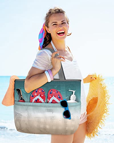 Teal Beige Ombre Cream Beach Tote Bag for Women, Modern Turquoise Abstract Art Aesthetics Mesh Beach Bags Waterproof, Outdoor Picnic Swim Pool Handbag - Large Beach Bag with Zipper and Pockets2