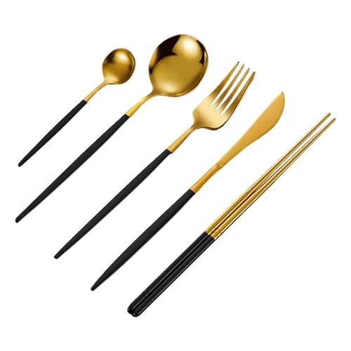 Amagogo 5 Pieces Lunch Reusable Travel Cutlery Set Silverware Set Dinnerware Portable Outdoor Tableware Chopsticks Spoon Set for BBQ, Black Gold