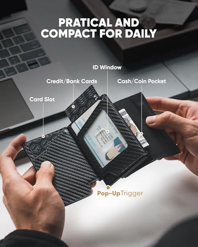 VULKIT Mens Wallet RFID Blocking with Airtag Cover, Pop-Up Credit Card Ejector, ID Window and Coin Pocket, Magnetic Closure, Gift Box Packed, Carbon Black4