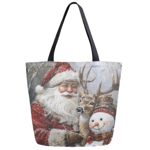 ZzWwR Fashion Pattern Extra Large Shoulder Grocery Tote Bag, Christmas Painting Santa Deer Snowman Canvas Daily Handle Bag for Gym Weekender Beach Travel Kitchen Reusable Market Shopping
