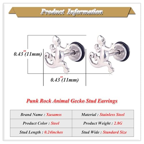 Xusamss Punk Body Piercing Earrings Stainless Steel Animal Gecko Stud Earrings2