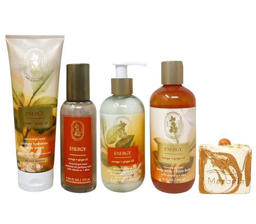 Bath & Body Works Aromatherapy Energy Orange + Ginger Oil Essential Oil Perfume Mist Ultimate Hydration Body Cream Body Wash & Foam Bath and Body Lotion with a Peach Gardenia Bar Soap
