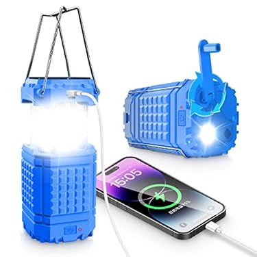 AMAZON - Camping Lantern 5000mAh Solar Hand Crank Telescopic LED Flashlight USB Charger for Power Outages ,Portable Rechargeable Battery Powered Operated Lanterns Lamp, Camping Gear Accessories (Blue)