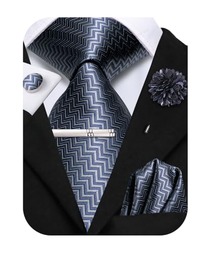 Image of Hi-Tie Mens Paisley Floral Striped Ties Set Silk Necktie and Lapel Pin for Men Pocket Square Cufflinks Set Business Wedding