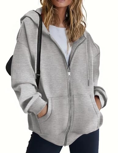 Zeagoo Womens Oversized Zip Up Hoodie Baggy Loose Basic Zipper Hooded Sweatshirt Coat Y2K Jackets Light Grey XXL