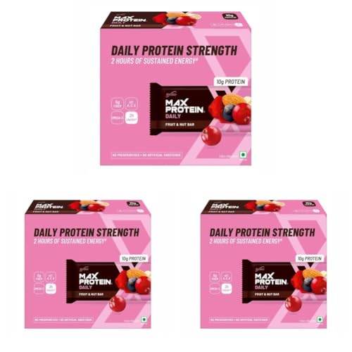 Image of RiteBite Max Protein Daily Fruit & Nut 10g Protein Bars [Pack of 18] Protein Blend, Fiber, Vitamins A,C,E, No Preservatives, 100% Veg, For Energy, Fitness & Immunity - 300g