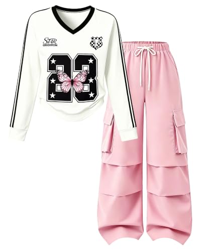 Image of Betusline Girls 2 Piece Summer Outfits,Kids Casual Short Sleeve Crop Top & Cargo Jogger Pants Sets,4T-14Y