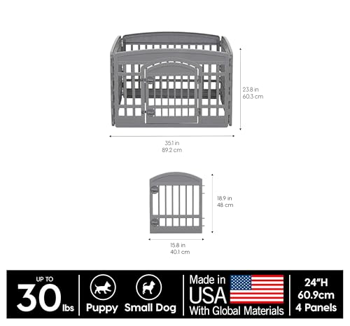 Image of IRIS USA 24 inch Dog Playpen 4-Panel Pet Exercise Pen with Door Gate 35 x 35 x 24 Puppy Play Pen Indoor Outdoor Plastic Foldable Portable Pet Fence for Small Medium Dogs Puppies Multiple Pets Gray