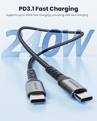 Image of Sharge 240W USB-C Fast Charging Cable, 4.9ft Braided, PD3.1, Ultra-Durable for Laptops, Smartphones, Tablets, Steam Deck, Switch & More